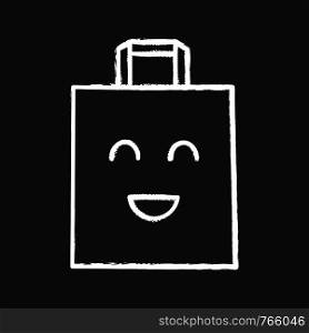 Smiling shopping bag character chalk icon. Sale, special offer. Happy shopping. Easy buying. Emoji, emoticon. Isolated vector chalkboard illustration. Smiling shopping bag character chalk icon