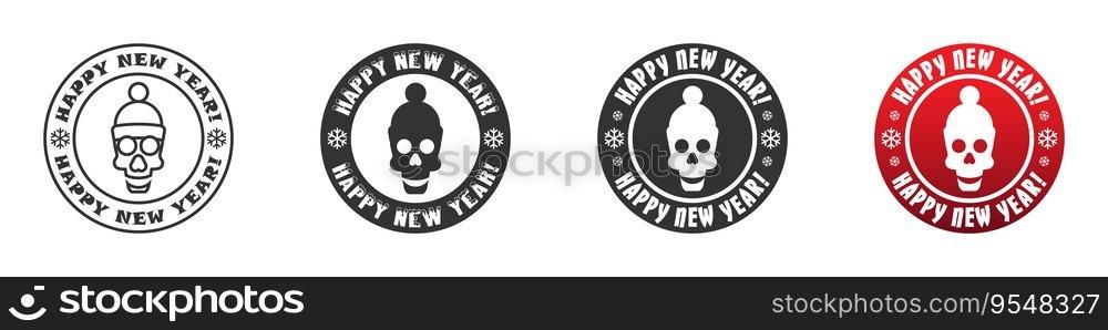 Smiling skull in winter hat on a round badge with lettering  Happy new Year  Christmas skull icon. Vector illustration.