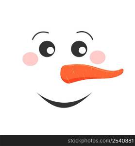 Smiling snowman face. Funny snow man head with rosy cheeks and carrot noses. Winter holidays design. Vector cartoon illustration.. Smiling snowman face. Funny snow man head with rosy cheeks and carrot noses. Winter holidays design. Vector cartoon illustration
