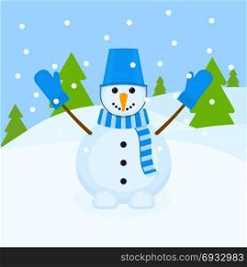 Smiling Snowman Vector. Vector illustration of winter landscape with cheerful snowman and falling snow. Christmas fun
