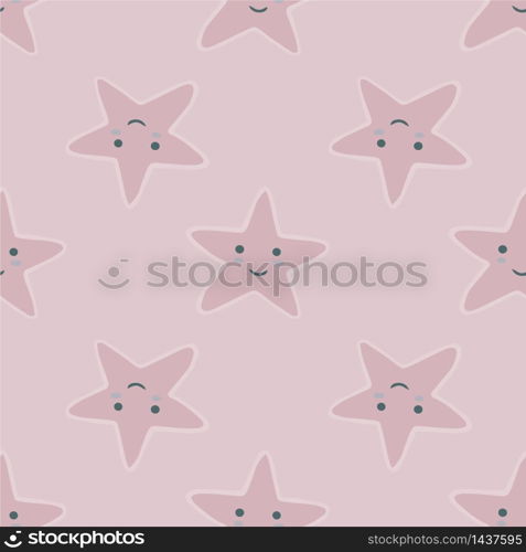 Smiling stars seamless pattern in doodle style. Character star shapes elements wallpaper. Pastel colors. Design for baby fabric, textile print, wrapping paper, cover, packing. Vector illustration.. Smiling stars seamless pattern in doodle style. Character star shapes elements wallpaper. Pastel colors.