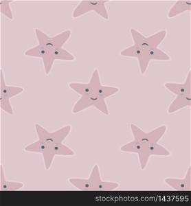 Smiling stars seamless pattern in doodle style. Character star shapes elements wallpaper. Pastel colors. Design for baby fabric, textile print, wrapping paper, cover, packing. Vector illustration.. Smiling stars seamless pattern in doodle style. Character star shapes elements wallpaper. Pastel colors.
