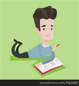 Smiling student laying on the floor and reading a book. Student laying with a notebook. Student writing while laying on the floor. Concept of education. Vector flat design illustration. Square layout.. Student laying on the floor and reading book.