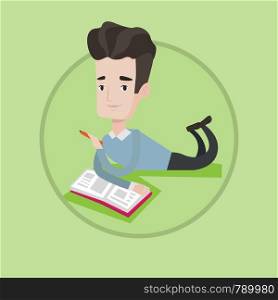 Smiling student laying on the floor and reading a book. Student laying with a notebook. Student writing while laying on the floor. Vector flat design illustration in the circle isolated on background.. Student laying on the floor and reading book.