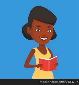 Smiling student reading a book. An african-american student reading a book and preparing for exam. Student holding a book in hands. Concept of education. Vector flat design illustration. Square layout. Student reading book vector illustration.