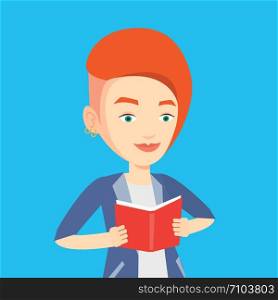 Smiling student reading a book. Cheerful female student reading a book and preparing for exam. Student holding a book in hands. Concept of education. Vector flat design illustration. Square layout.. Student reading book vector illustration.