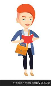 Smiling student reading a book. Cheerful female student reading a book and preparing for exam. Happy student standing with book in hands. Vector flat design illustration isolated on white background.. Student reading book vector illustration.