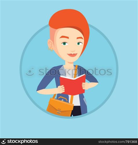 Smiling student reading a book. Cheerful female student reading a book and preparing for exam. Student standing with book in hands. Vector flat design illustration in the circle isolated on background. Student reading book vector illustration.