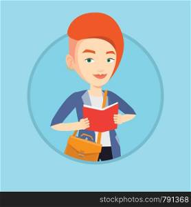 Smiling student reading a book. Cheerful female student reading a book and preparing for exam. Student standing with book in hands. Vector flat design illustration in the circle isolated on background. Student reading book vector illustration.