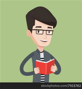 Smiling student reading a book. Cheerful male student reading a book and preparing for exam. Student holding a book in hands. Concept of education. Vector flat design illustration. Square layout.. Student reading book vector illustration.