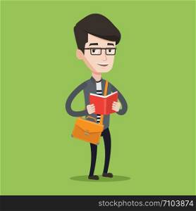 Smiling student reading a book. Cheerful male student reading a book and preparing for exam. Student standing with book in hands. Concept of education. Vector flat design illustration. Square layout.. Student reading book vector illustration.