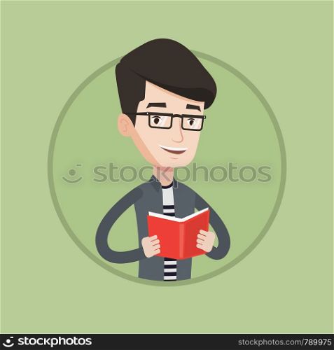Smiling student reading a book. Cheerful male student reading a book and preparing for exam. Student holding a book in hands. Vector flat design illustration in the circle isolated on background.. Student reading book vector illustration.