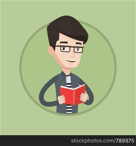 Smiling student reading a book. Cheerful male student reading a book and preparing for exam. Student holding a book in hands. Vector flat design illustration in the circle isolated on background.. Student reading book vector illustration.