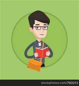 Smiling student reading a book. Cheerful male student reading a book and preparing for exam. Student standing with book in hands. Vector flat design illustration in the circle isolated on background.. Student reading book vector illustration.