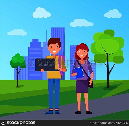 Smiling students on background of skyscrapers in city park, boy with laptop in hands and girl hold books, happy students, buildings on backdrop vector. Smiling Students on Background of Skyscrapers