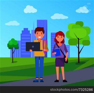 Smiling students on background of skyscrapers in city park, boy with laptop in hands and girl hold books, happy students, buildings on backdrop vector. Smiling Students on Background of Skyscrapers
