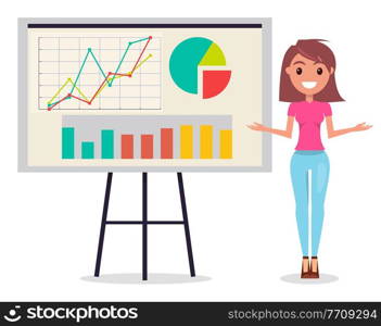 Smiling stylish woman wearing jeans and t-shirt show presentation with growing graphics, diagram, pie chart at board. Analysing growing statistic, strategy, analytics. Cheerful girl present plan. Woman stand near presentation at board, growing statistic, strategy, analytics, financial plan