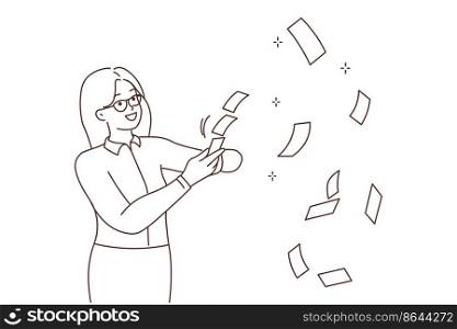 Smiling successful businesswoman throw cash in air celebrate lottery win. Happy confident rich woman waste money. Finance and wellbeing. Vector illustration. . Successful businesswoman throw money in air 