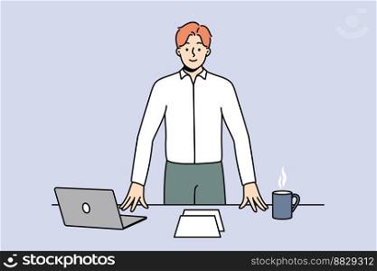 Smiling successful young busi≠ssman≠ar office desk with laptop. Happy confident ma≤CEO or boss with computer and coffee on tab≤at workplace. Vector illustration. . Smiling confident busi≠ssman at workplace 