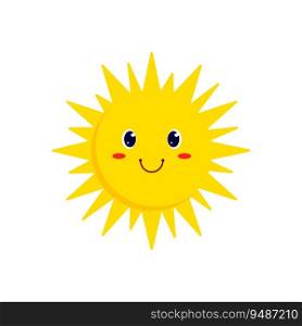 Smiling sun cartoon character, vacation emoji. Vector sunny day emoticon, childish joyful sun emoticon, weather forecast personage. Smiling sun cartoon character, vacation emoji