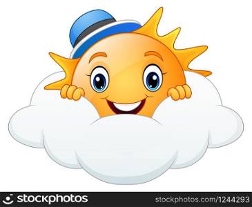 Smiling sun cartoon wearing blue cap with cloud