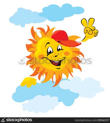 Smiling sun cartoon with clouds on white background