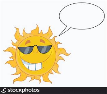 Smiling Sun Mascot Cartoon Character With Sunglasses And Speech Bubble