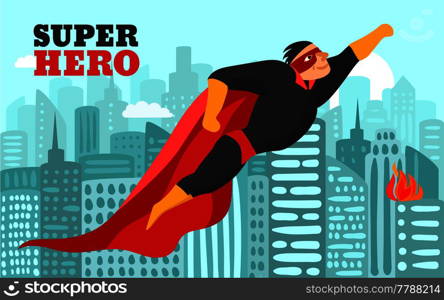 Smiling superhero in red black clothing and mask, flying over city at day time vector illustration. Superhero In City Illustration