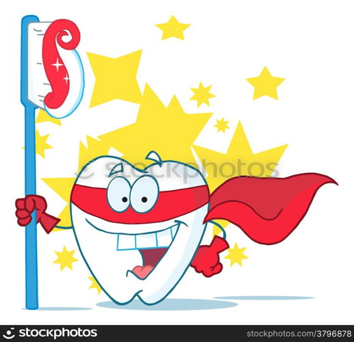 Smiling Superhero Tooth With Toothbrush