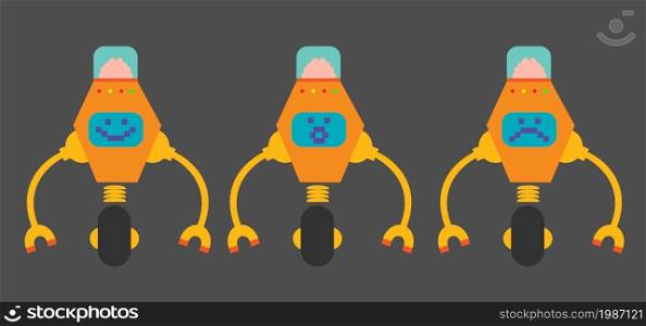 Smiling, surprised and sad, set of flat design robots. Flat design orange robots