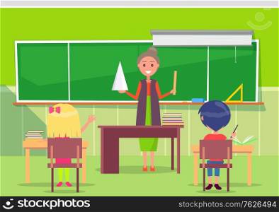 Smiling teacher holding ruler and geometrical object, teaching pupils. Geometrical lesson, girl and boy sitting at desktop, green school classroom, study vector. Back to school concept. Flat cartoon. Math Lesson, Teacher and Pupil, School Vector