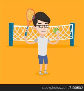 Smiling tennis player standing on the tennis court. Male tennis player holding a tennis racket and a ball. Caucasian cheerful man playing tennis. Vector flat design illustration. Square layout.. Male tennis player vector illustration.