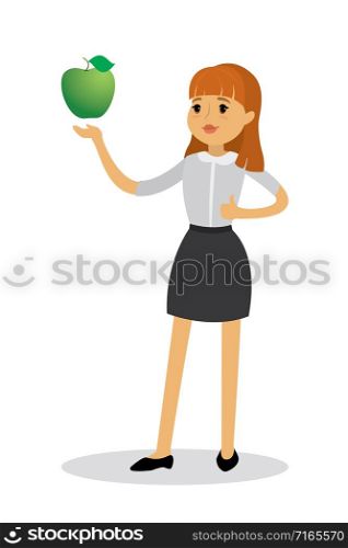Smiling thin girl with apple,isolated on white background,health food concept,cartoon vector illustration