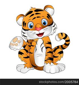 Smiling tiger cartoon isolated on white background, cute tiger cub is smiling. illustration of a funny cheerful Tigre sitting. for design year of the tiger, year of the zodiac, Chinese new year.
