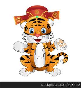 Smiling tiger cartoon wearing a Chinese hat isolated on white background, cute tiger. illustration of a funny cheerful Tigre sitting. for design year of tiger, year of the zodiac, Chinese new year.