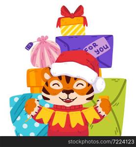 Smiling tiger with santa hat, festive garland flags, presents. Chinese zodiac animal. Symbol of the new year 2022, 2034. Vector illustration isolated on white background.