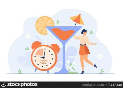 Smiling tiny woman drinking alcohol in happy hours flat vector illustration. Cartoon promotion for refreshment beverages in restaurant, pub and bar. Special discount and entertainment concept