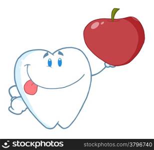 Smiling Tooth Cartoon Character Holding Up A Apple
