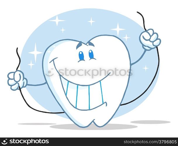 Smiling Tooth Cartoon Character With Floss