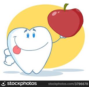 Smiling Tooth Cartoon Mascot Character Holding Up A Apple