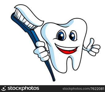 Smiling tooth in cartoon style with tooth-brush for hygiene concept