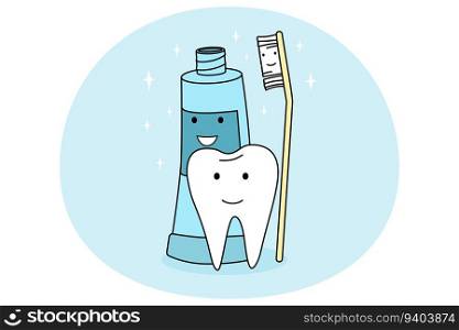 Smiling tooth, toothbrush and toothpaste feeling positive recommend good oral care. Concept of dental treatment and healthcare. Dentistry recommendation. Vector illustration.. Smiling tooth, toothbrush and toothpaste feeling positive