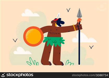 Smiling tribe person in traditional tropical clothes hip bandage. Concept of indigenous aboriginal people and ancient life. Aborigine in ethnic clothing. Flat vector illustration. . Aborigine person in traditional ethnic clothes