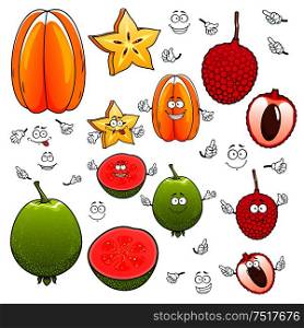 Smiling tropical dessert star fruit, lychee and guava fruits cartoon characters with delicious juicy slices and smiling faces. Use as exotic cocktail recipe or kitchen interior design. Cartoon carambola, lychee and apple guava fruits