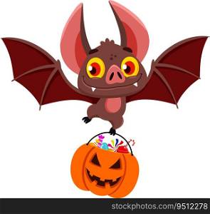 Smiling V&ire Bat Cartoon Character Flying With A Pumpkin Basket Of Treats. Vector Illustration Flat Design Isolated On Transparent Background