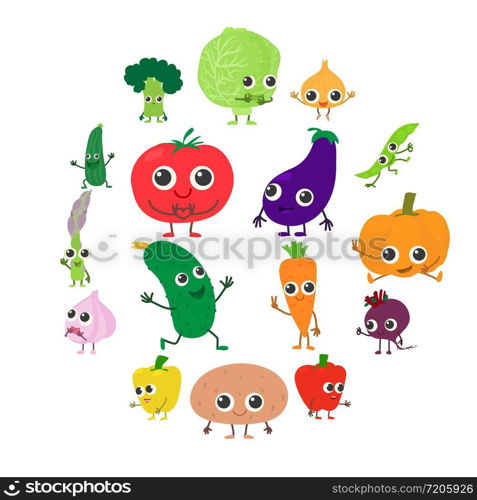 Smiling vegetables icons set. Cartoon illustration of 16 smiling vegetables vector icons for web. Smiling vegetables icons set, cartoon style