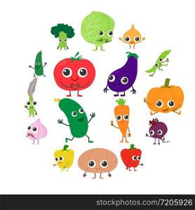Smiling vegetables icons set. Cartoon illustration of 16 smiling vegetables vector icons for web. Smiling vegetables icons set, cartoon style