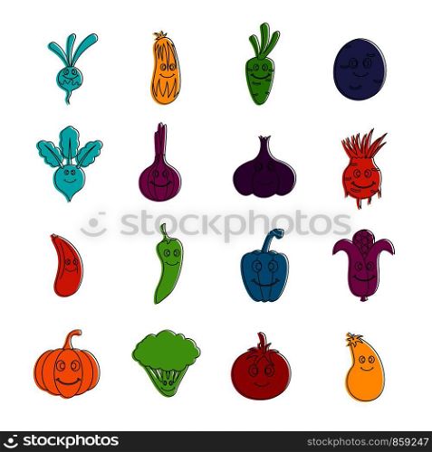 Smiling vegetables icons set. Doodle illustration of vector icons isolated on white background for any web design. Smiling vegetables icons doodle set