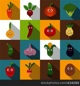 Smiling vegetables icons set. Flat illustration of 16 smiling vegetables vector icons for web. Smiling vegetables icons set, flat style