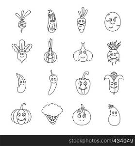 Smiling vegetables icons set. Outline illustration of 16 smiling vegetables vector icons for web. Smiling vegetables icons set, outline style